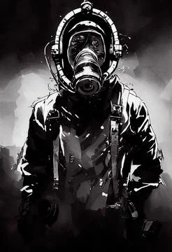 A stalker survivor in protective clothing and an old gas mask. Survivor of Stock Illustration