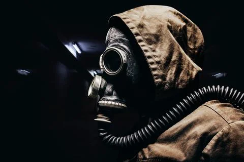 Stalker warrior in protective soviet gas mask profile. Stock Photos