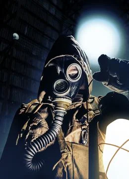 Stalker warrior in protective soviet gas mask. Stock Photos