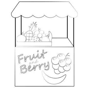 Stall counter with fruit and berry. Draw illustration in black and white Stock-Illustration