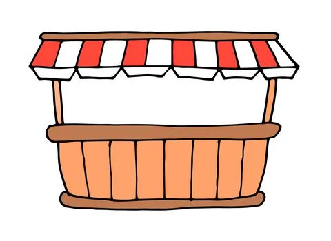 Stall counters in flat style. A doodle-style food market, a wooden counter with Stock Illustration