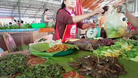 Stall with live frogs, termites, vegetables, Lao woman vendor, costumer pays Vídeos de archivo 76800245