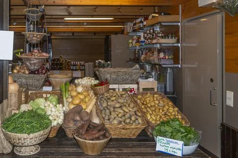 A stall of vegetables and local products in a market in Helsinki, Finland Stock Photos