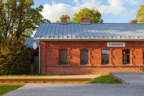 STAMERIENE, LATVIA - OCTOBER 15, 2016: Country train station, red brick Stock Photos