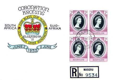 Stamp 1st day issue basutoland south africa coronation 1953 Stock Illustration