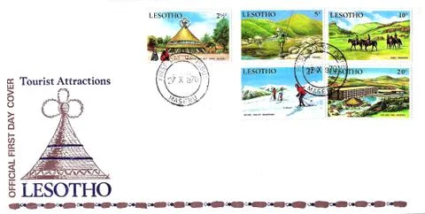 Stamp 1st day issue lesotho tourist attractions 1970 Stock Illustration