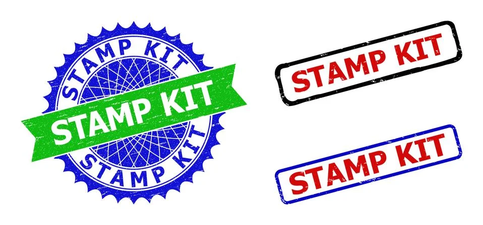 STAMP KIT Rosette and Rectangle Bicolor Stamp Seals with Scratched Textures Stock Illustration