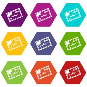 Stamp with plane and text Miami inside icon set color hexahedron Stock Illustration