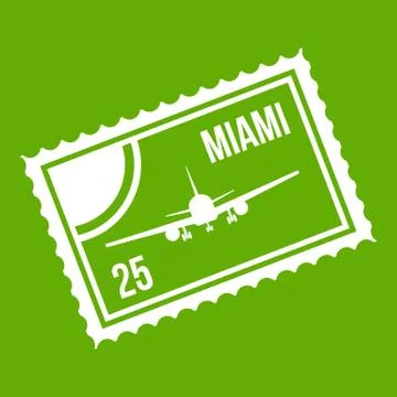 Stamp with plane and text Miami inside icon green Stock Illustration