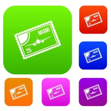 Stamp with plane and text Miami inside set collection Stock Illustration