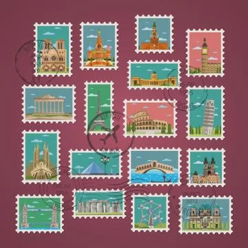 Stamps with famous architectural compositions Stock Illustration