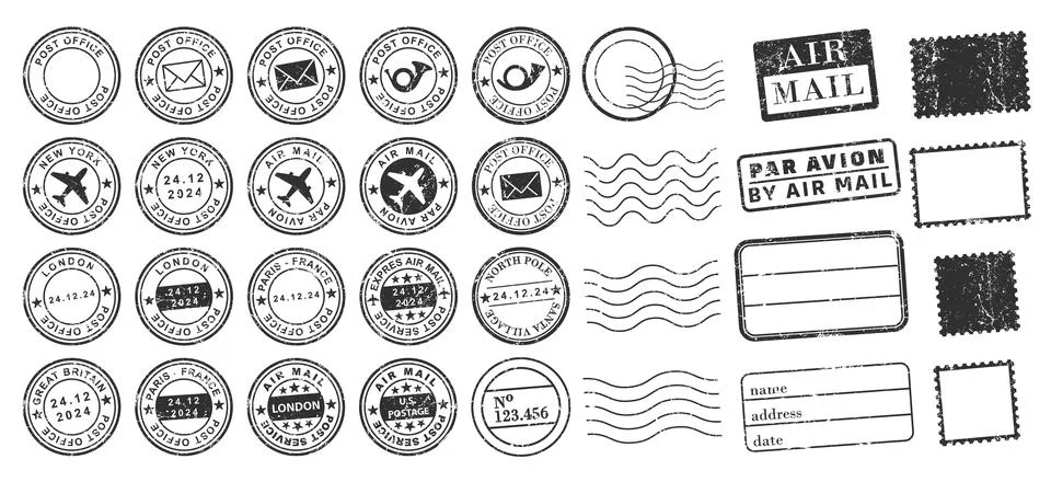 Stamps frames vector icon shape set. Stamp grunge ink rubber labels sign Illustrazione stock