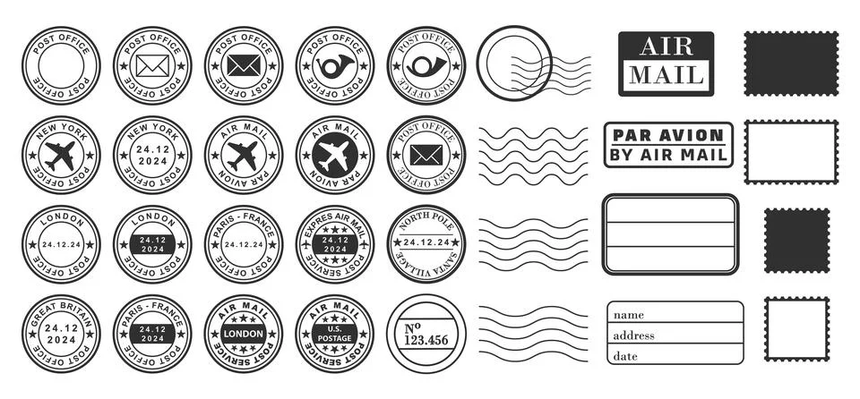Stamps frames vector icon shape set. Stamp grunge ink rubber labels sign Illustrazione stock
