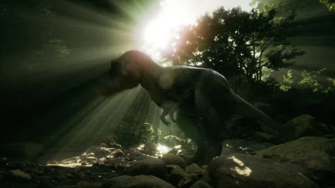 Stan the T-Rex emerges in a vibrant jungle lit by heavenly god rays Stock Footage 295482748