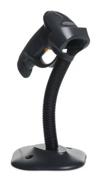 Stand with barcode scanner isolated on white 库存照片