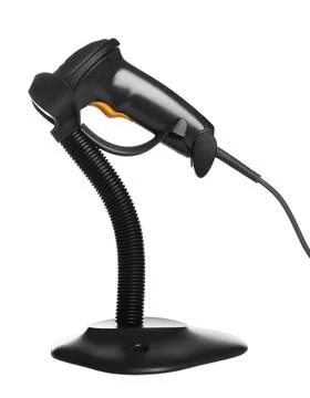 Stand with barcode scanner isolated on white 库存照片