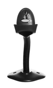 Stand with barcode scanner isolated on white Stockfoto's