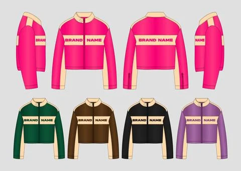Stand Collar Cropped Jacket Vector Tech Pack Flat Sketch All View Mockup Stock Illustration