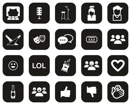 Stand Up Comedy Or Stand Up Show Icons White On Black Flat Design Set Big Stock Illustration