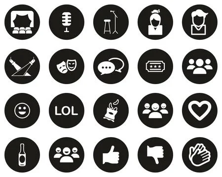 Stand Up Comedy Or Stand Up Show Icons White On Black Flat Design Circle Set  Stock Illustration