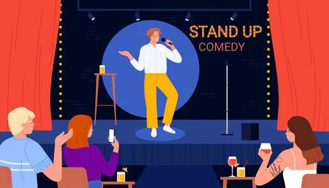 Stand up comedy show, comic with microphone standing on stage in spotlight to Stock Illustration
