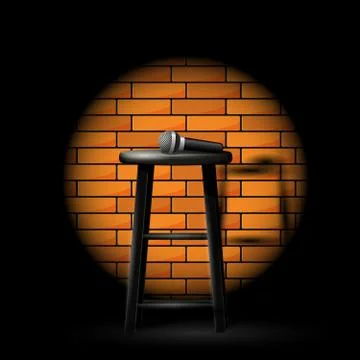 Stand up comedy show - microphone on stool in ray of spotlight and brick wall Stock-Illustration