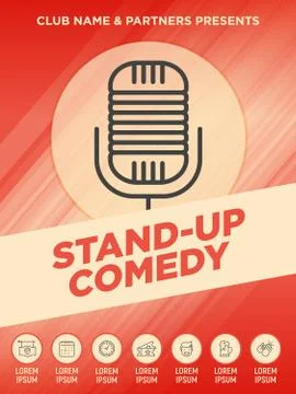 Stand up comedy show poster with thin line microphone icon. Stock Illustration