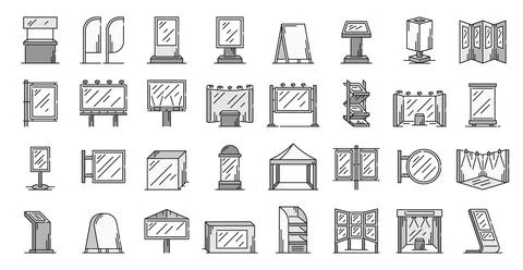 Stand display and billboard line vector icons set Stock Illustration