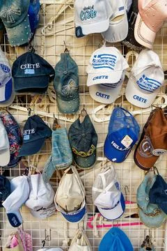 Stand with head caps from greece Stock Photos
