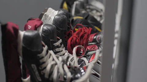 Stand for ice skating in locker room in huge hockey arenas Stock Footage 252531313