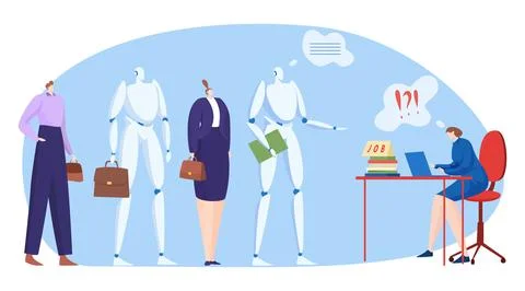 Stand line queue, standing artificial intelligence robot and human character Illustrazione stock