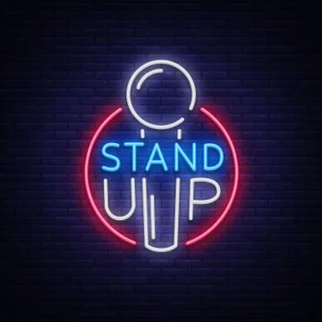 Stand Up Logo in Neon Style. Comedy show is neon sign, symbol, an invitation to Illustrazione stock