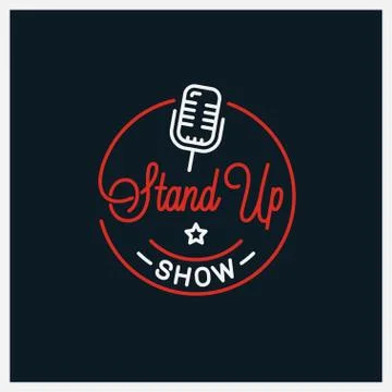 Stand up logo. Round linear logo of microphone Illustrazione stock