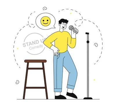Stand up man. Young guy with microphone stands on stage and tells jokes Stock Illustration