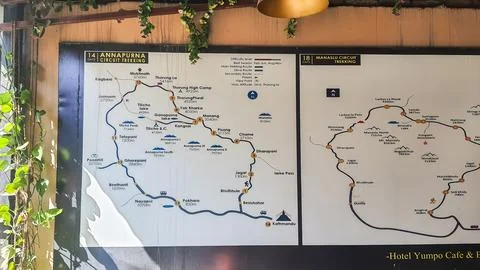 A stand with a map of the Annapurna trek. Stock Photos