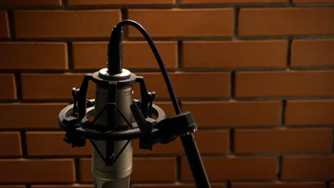 Stand with a microphone on a brick wall background in a recording studio. Stock Footage 135536409