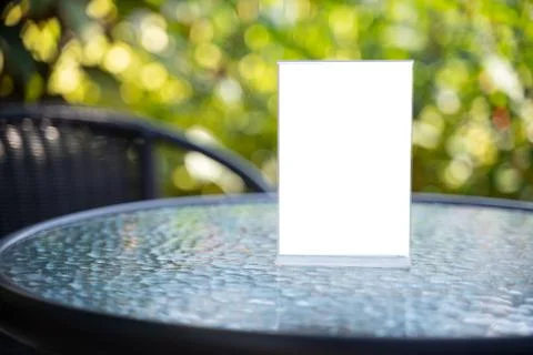 Stand Mock up Menu frame tent card blurred background design key visual layou Stock Photos