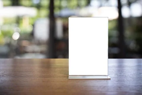Stand Mock up Menu frame tent card blurred background design key visual layou Stock-Fotos