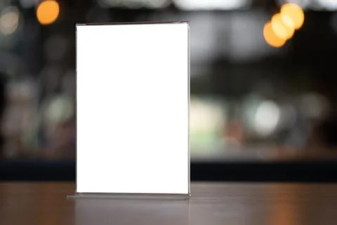 Stand Mock up Menu frame tent card blurred background design key visual layou Stock Photos