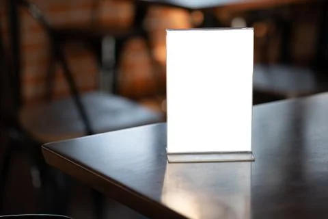 Stand Mock up Menu frame tent card blurred background design key visual layou Stock Photos