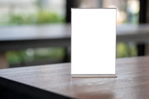 Stand Mock up Menu frame tent card blurred background design key visual layou Stock-Fotos