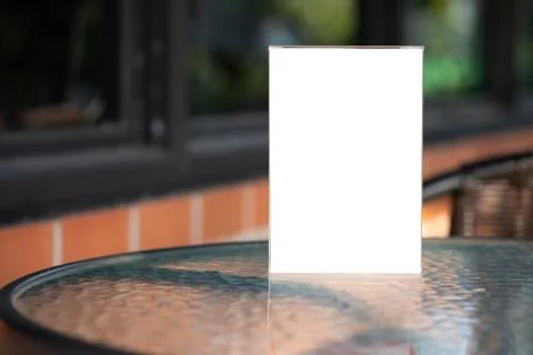Stand Mock up Menu frame tent card blurred background design key visual layou Stock Photos