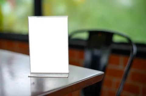 Stand Mock up Menu frame tent card blurred background design key visual layou Stock Photos