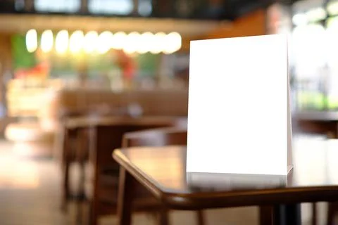 Stand Mock up Menu frame tent card blurred background design key visual layou Stock Photos