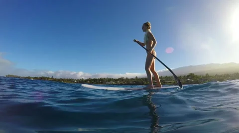 Stand Up Paddle Boarding Slow Motion Young Woman in Hawaii Stock Footage 58747684