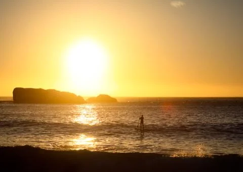 Stand up paddle sufer in front of sunset Stock Photos