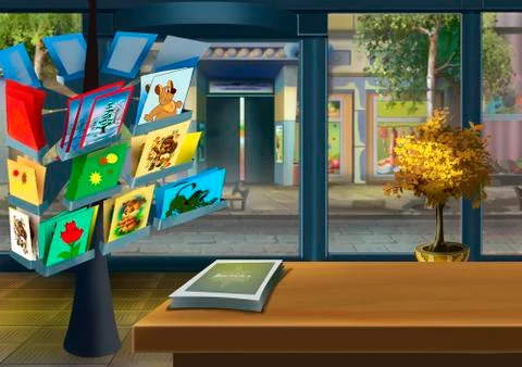 Stand with the postcards in the store Illustrazione stock