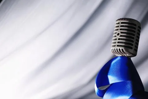 Stand with a retro microphone. Microphone on a tripod. Performance of the a.. Stock Photos