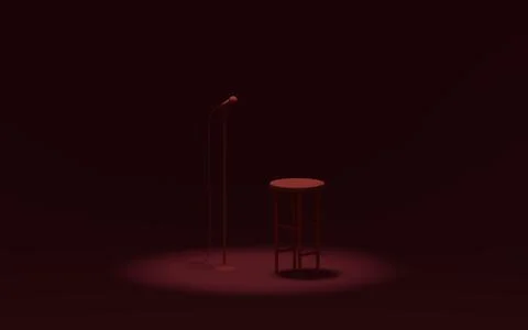 Stand-up scene with bar stool and microphone Render 3D illustration monochrome Stock Illustration