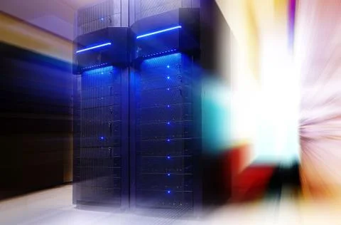 Stand with server hardware and lighting in room motion blur Stock Photos